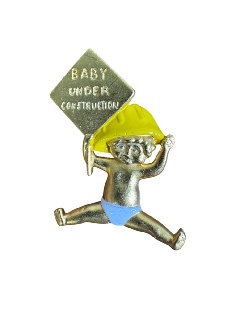Baby Under Construction Gold-Tone Baby Brooch with Yellow Hard Hat